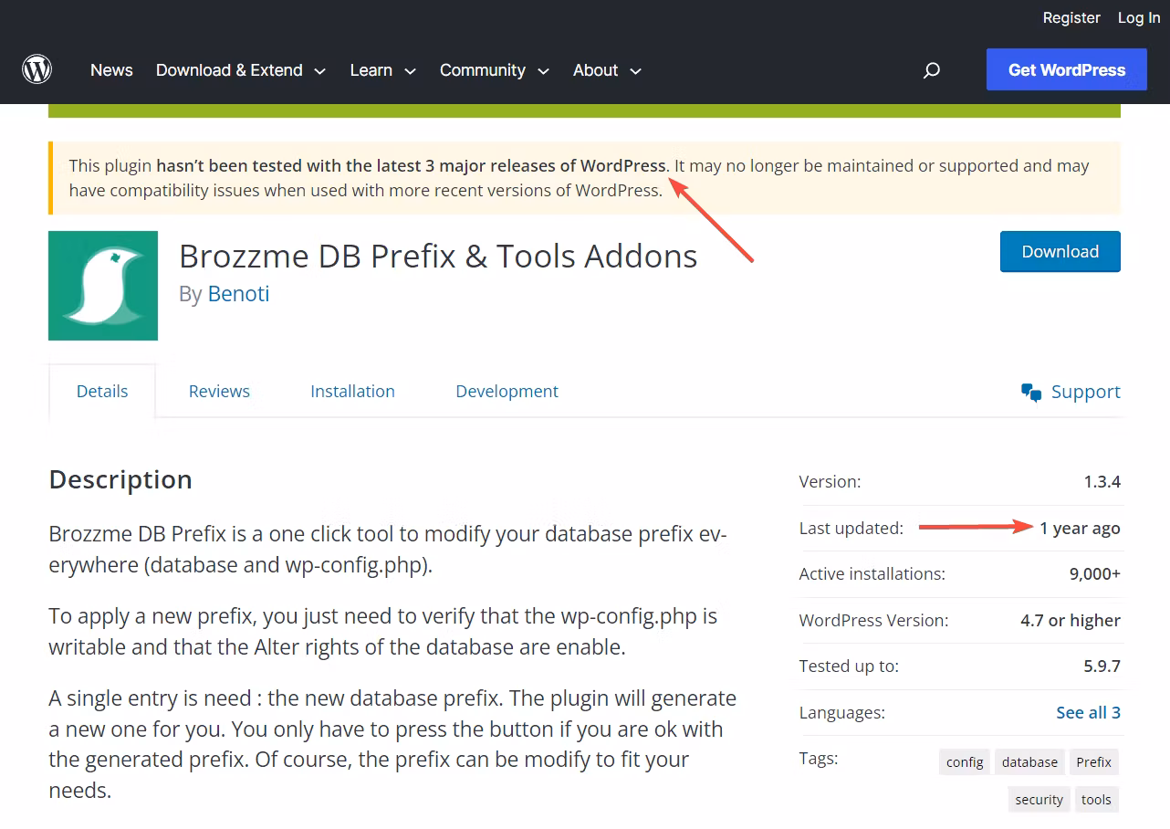 An example of an outdated plugin in the WordPress repository.