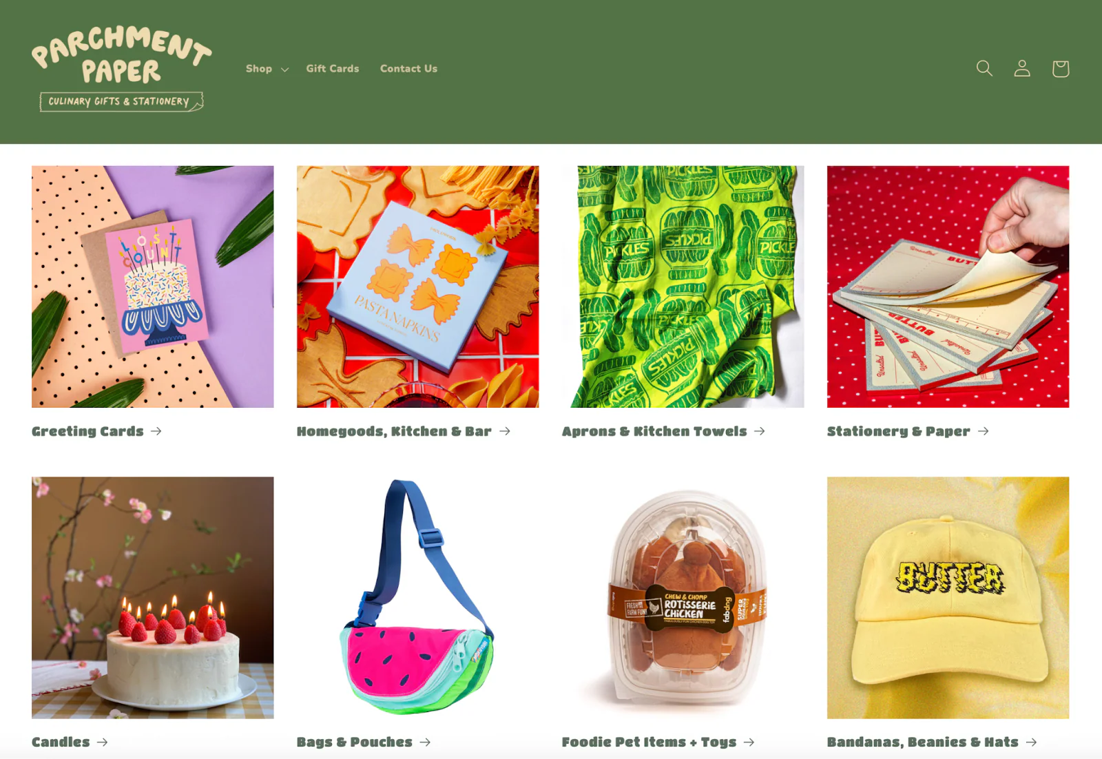 The Parchment Paper homepage showcases different food-themed product categories.