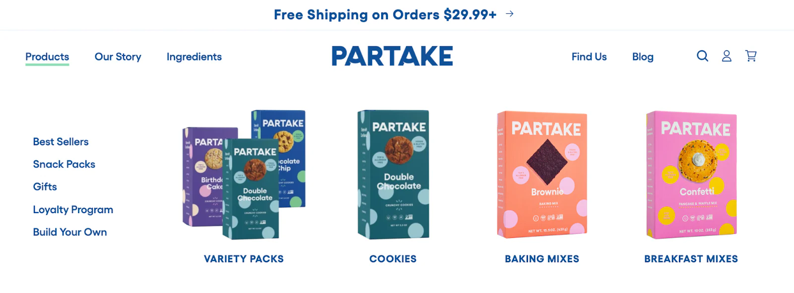 partake navigation showing products, our story, and ingredients