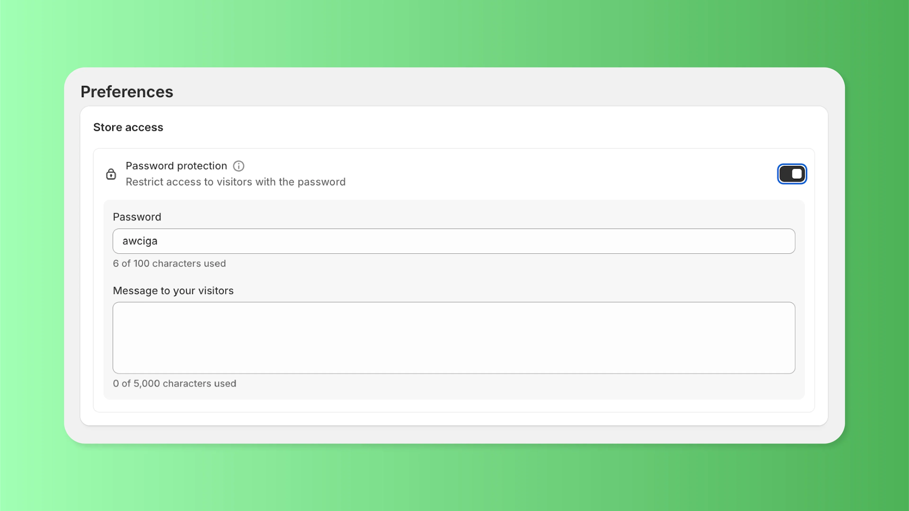store access preferences section in Shopify admin