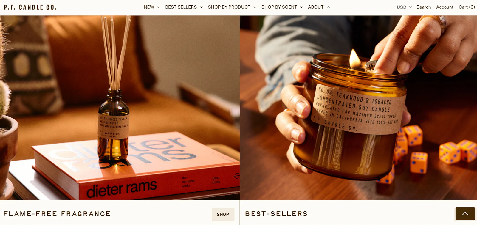 The homepage for P.F. Candle Co. features a room diffuser beside a lit candle.