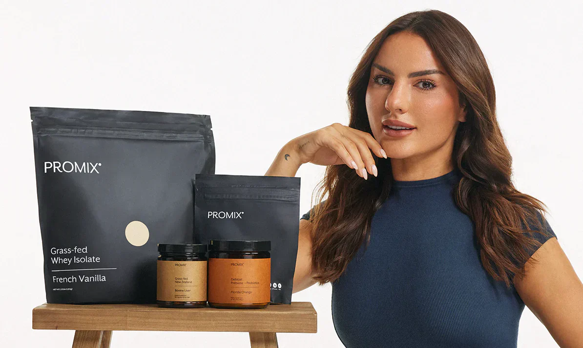 A woman with long dark hair promoting Promix products.