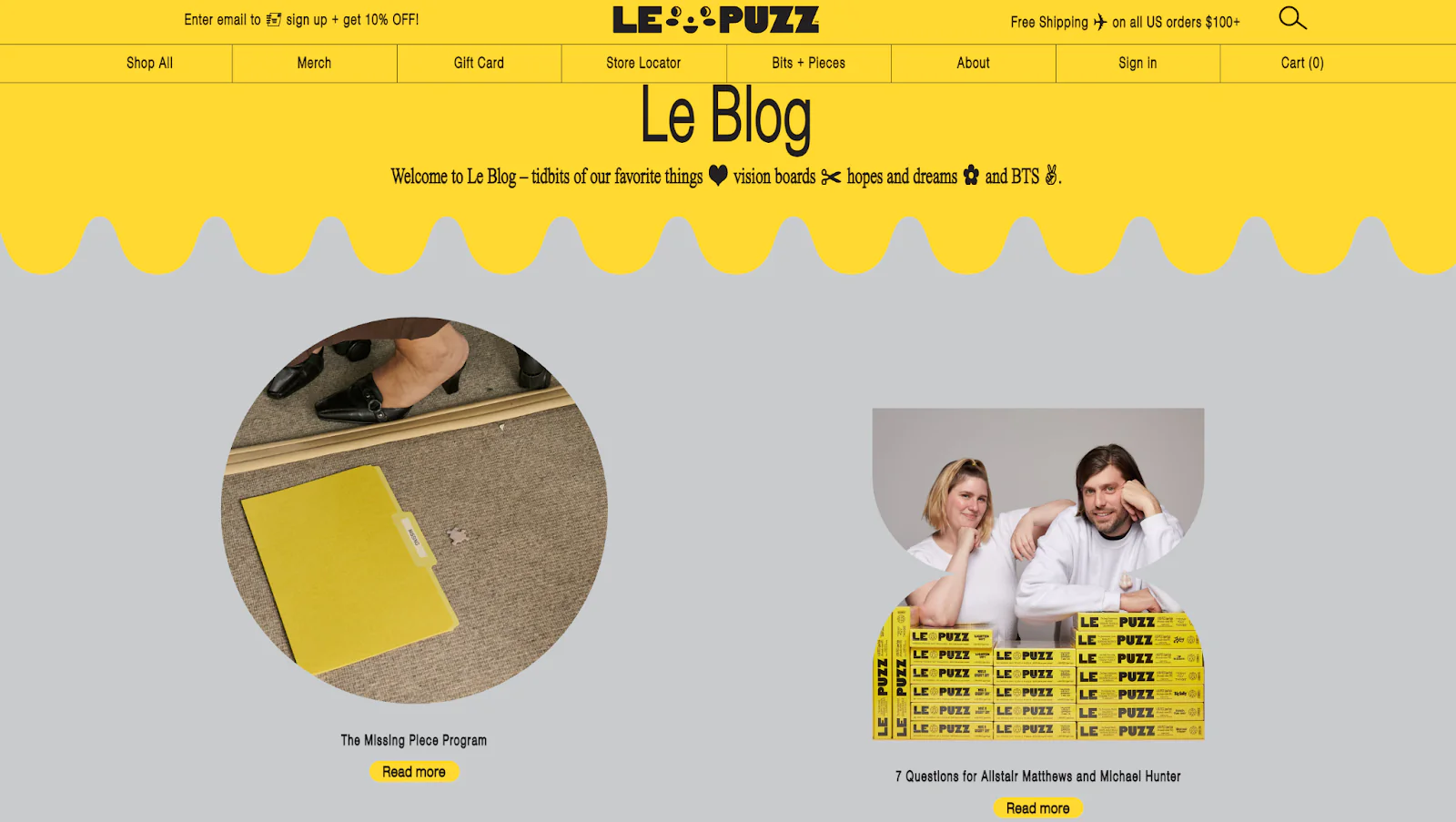 Le Puzz blog homepage features thumbnails in funky-shaped frames and yellow branding.