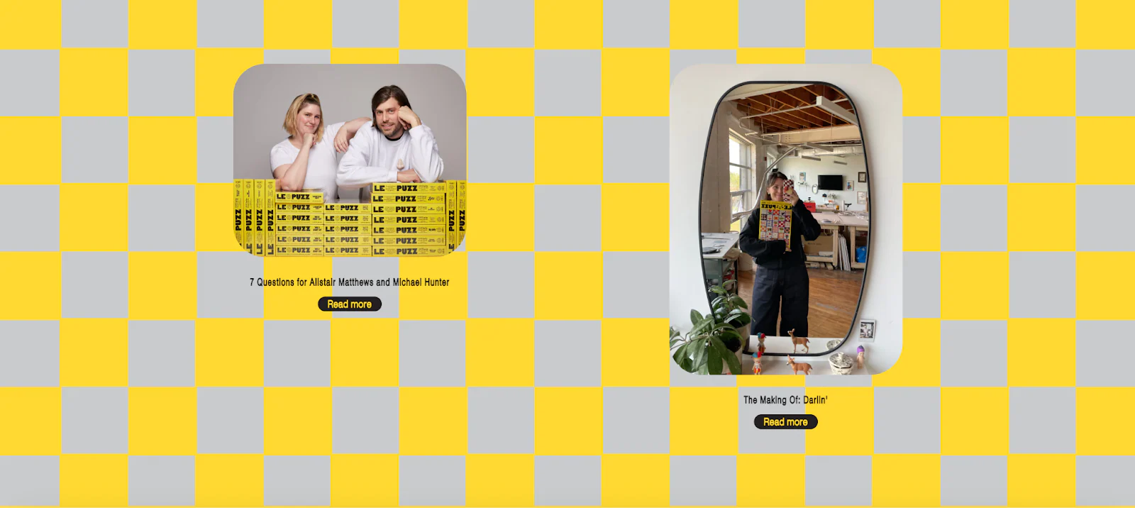 Yellow and gray checkered read more articles banner at the bottom of a Le Puzz blog post.