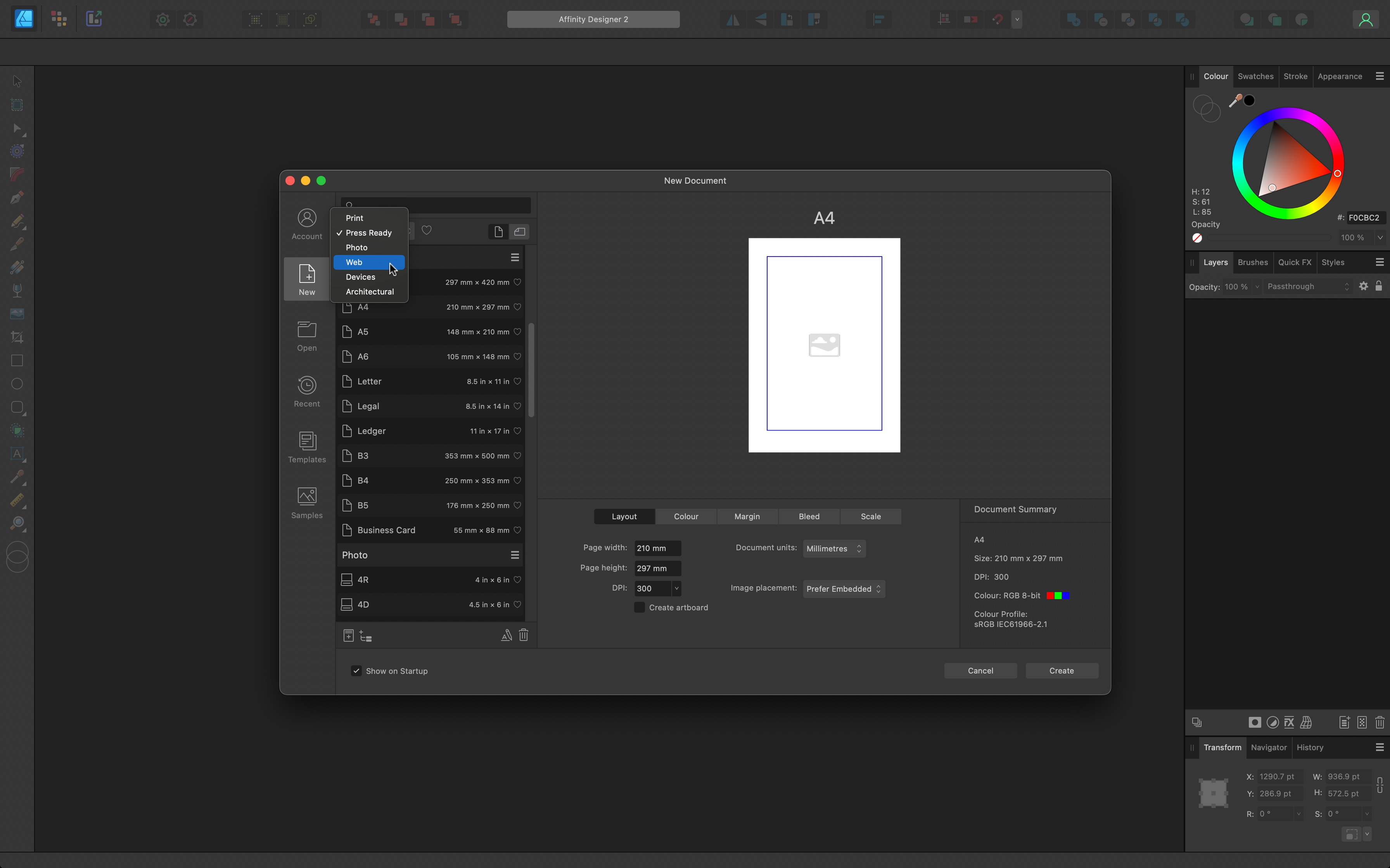 Screenshot of graphic design software Affinity Designer 2