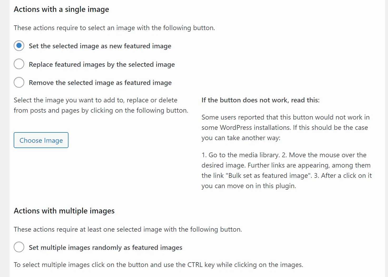 Configuring how to bulk replace featured images in WordPress.