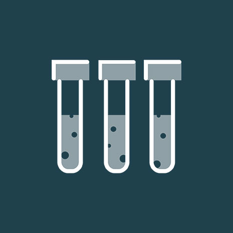 Decorative illustration of three test tubes on a dark blue background.