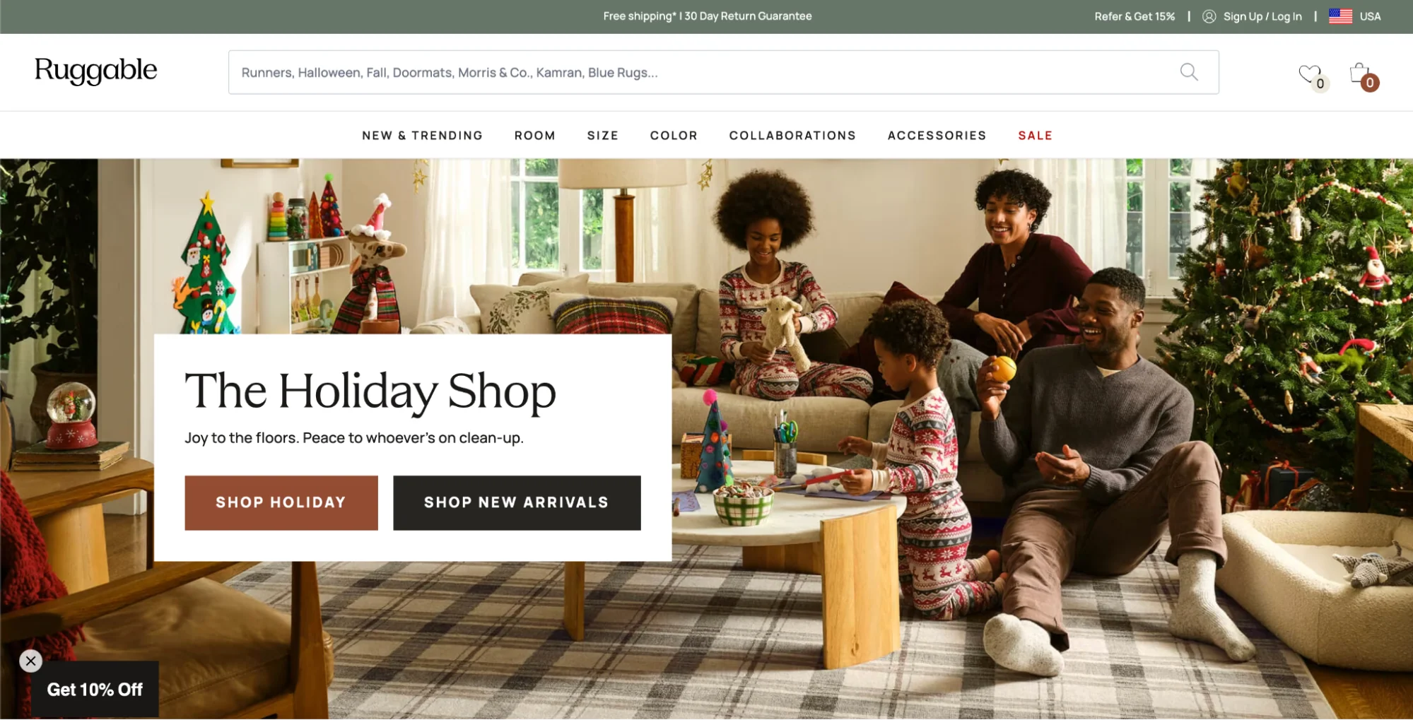 Ruggable holiday homepage showing family in festive pajamas by Christmas tree on plaid rug.