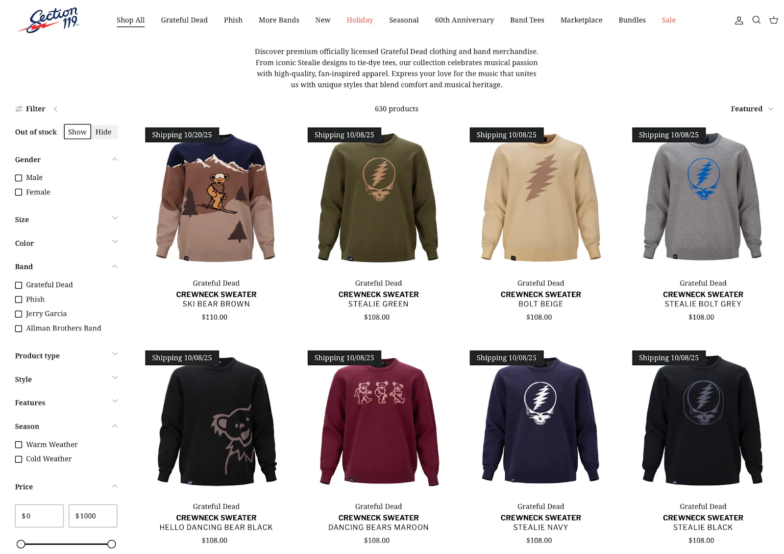 A selection of new Grateful Dead sweaters from jam band merch company Section 119.