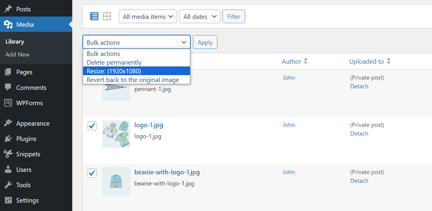Resizing a limited number of images in WordPress.