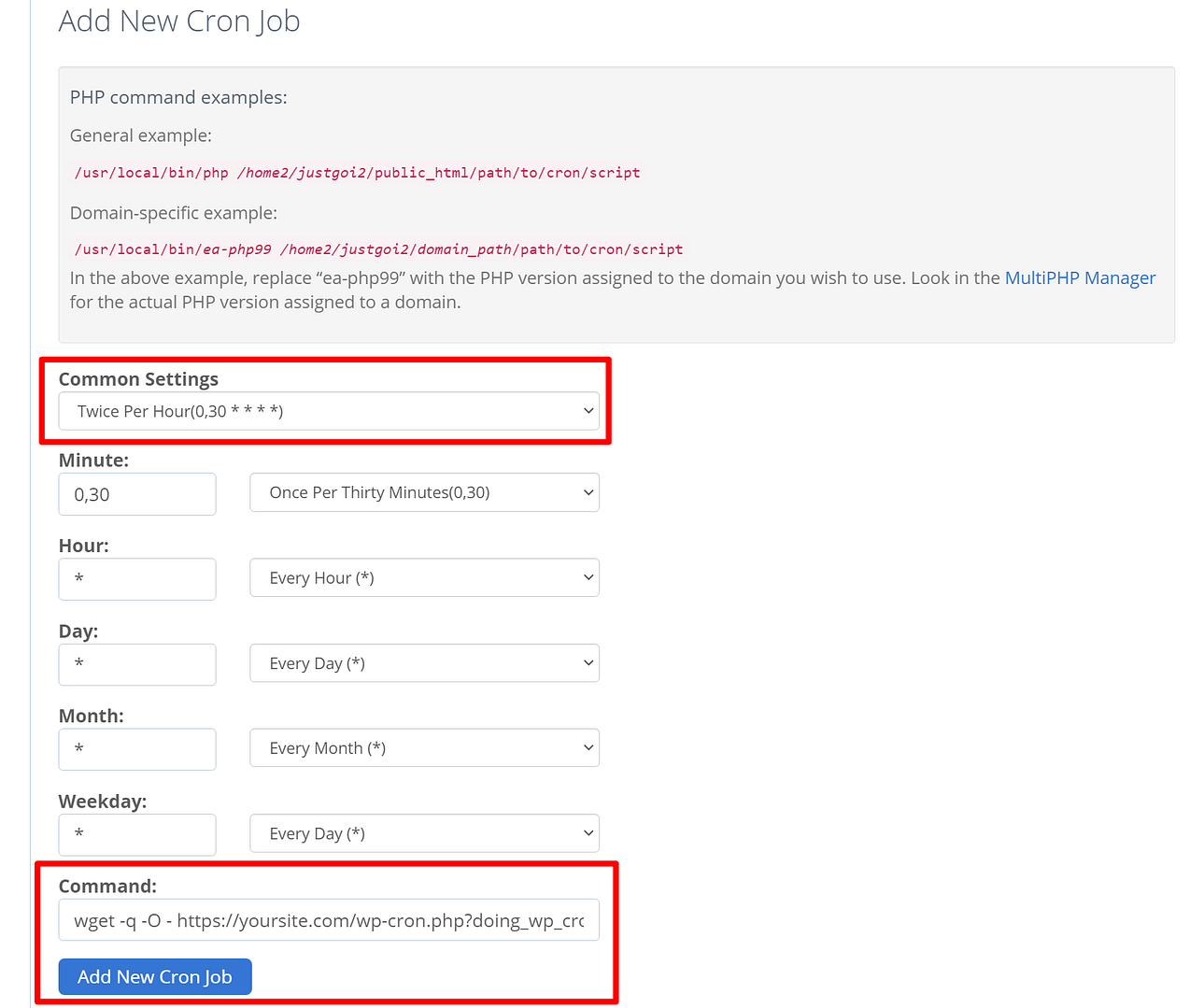 Creating a new cron job in cPanel
