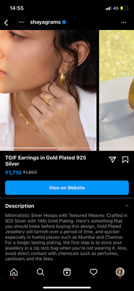 Screenshot of a shoppable post from Shayagram on Instagram with a link to view the product on the brand’s website.