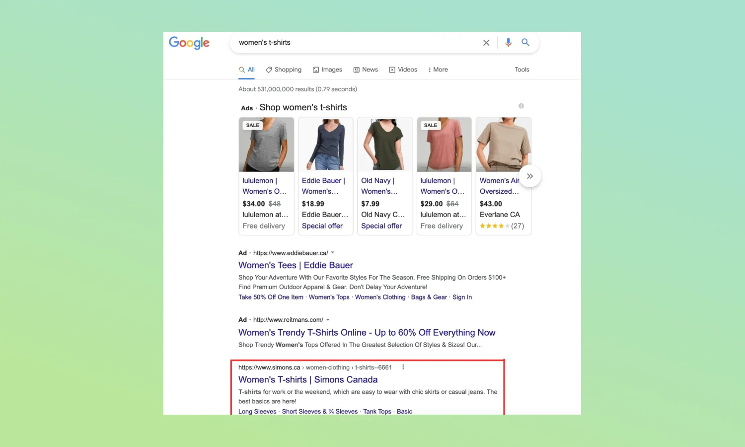 Google search results page with organic search results highlighted.