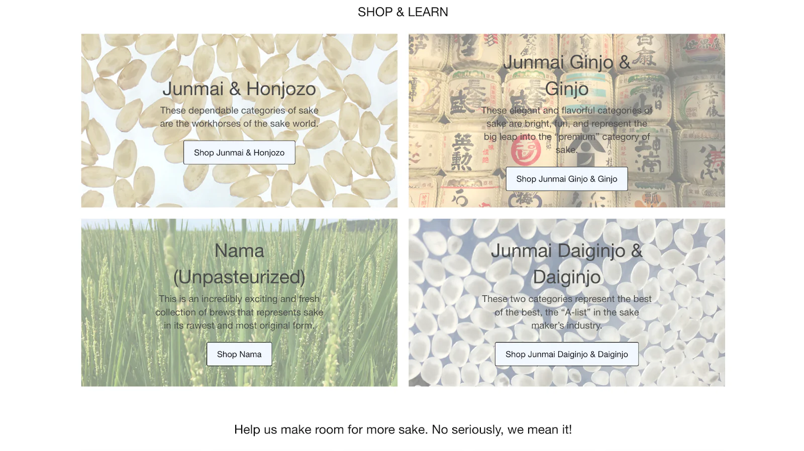 True Sake’s website includes a vast selection of beverages as well as information on different categories of sake.