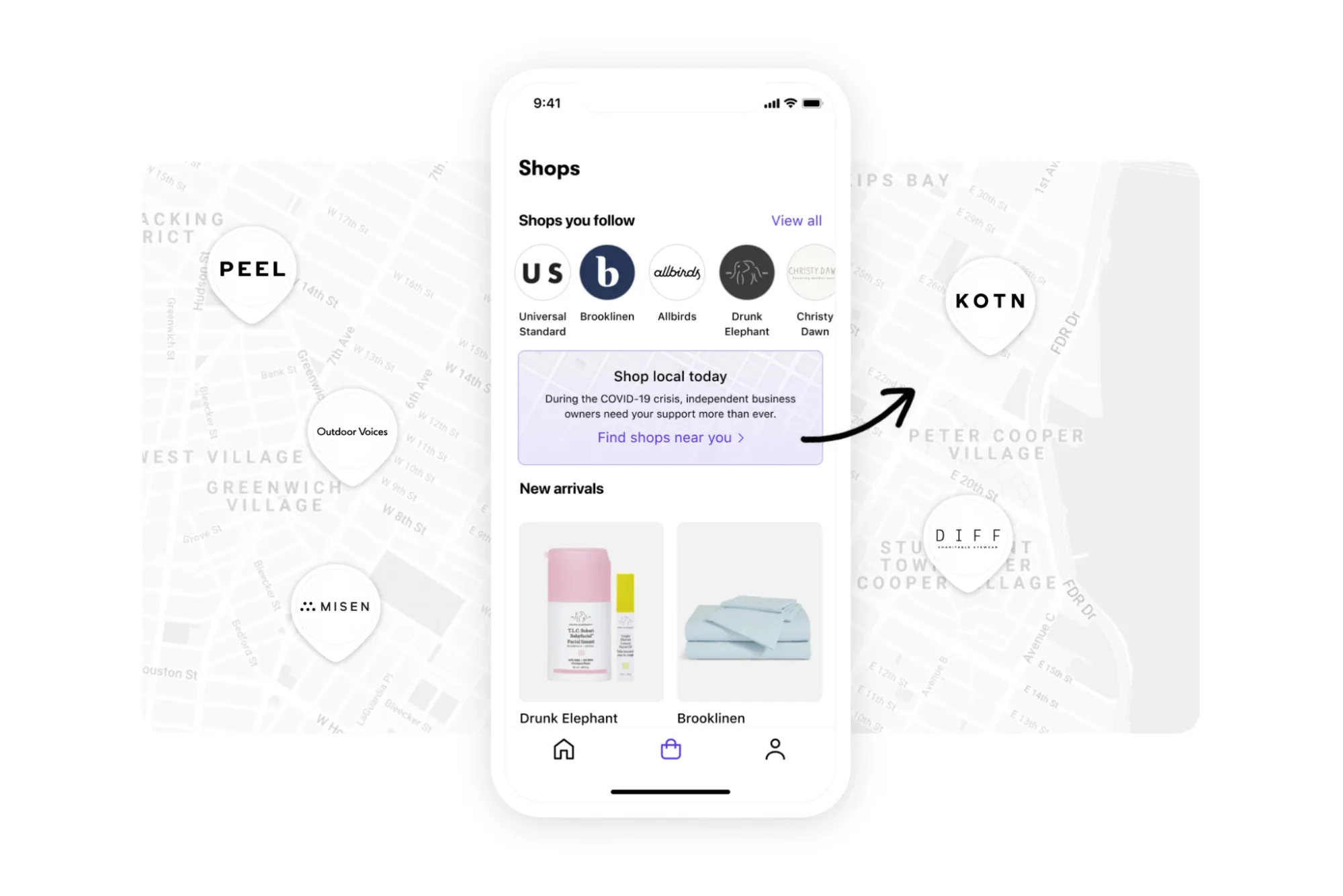 Image of Shop app interface helping user find local stores