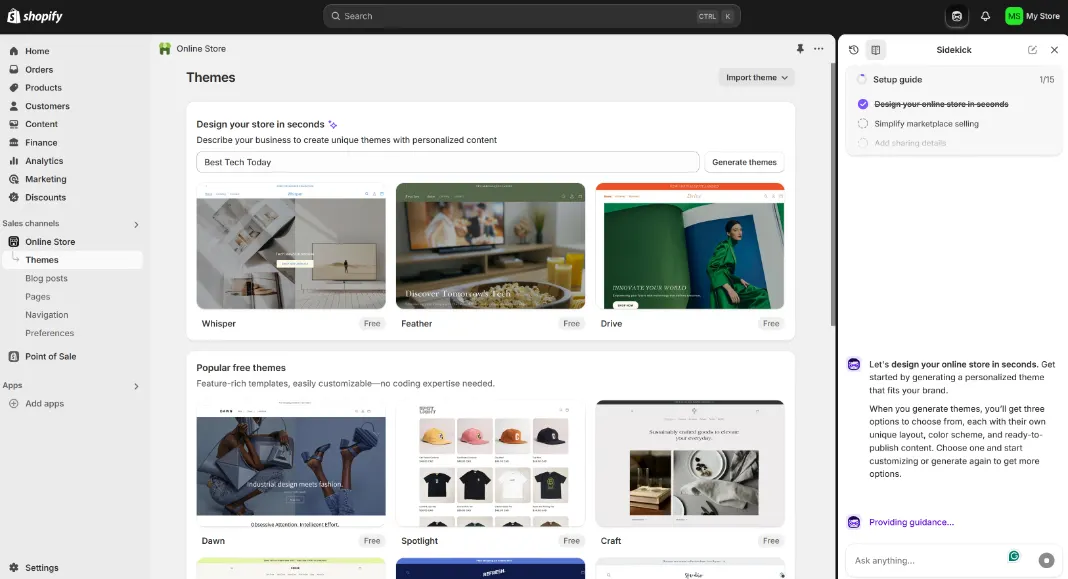 Screenshot showing Shopify’s sidekick assistant.