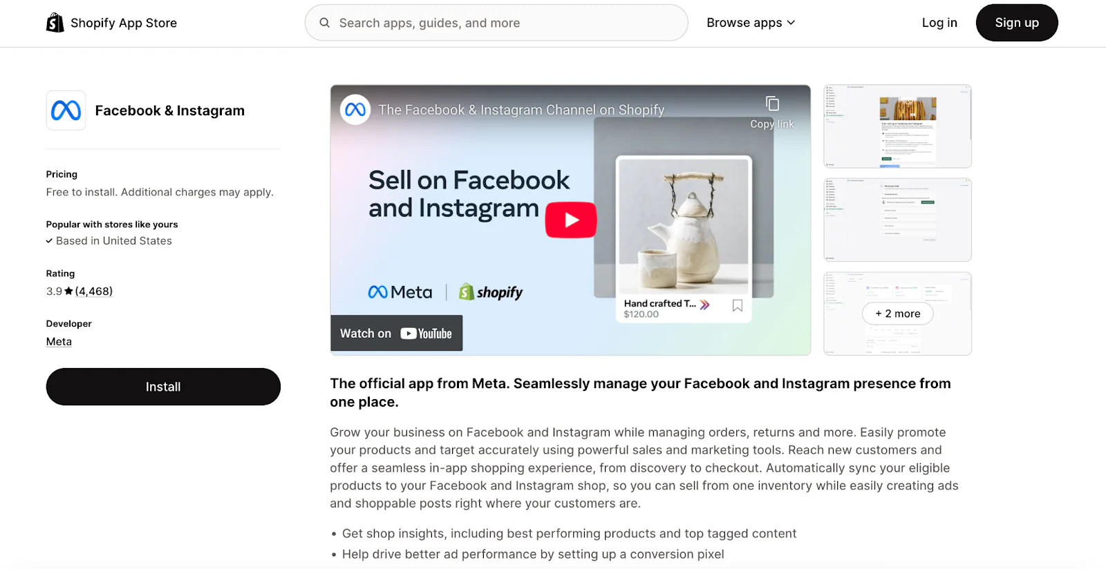 Facebook & Instagram app download page on Shopify App Store featuring an instructional video.