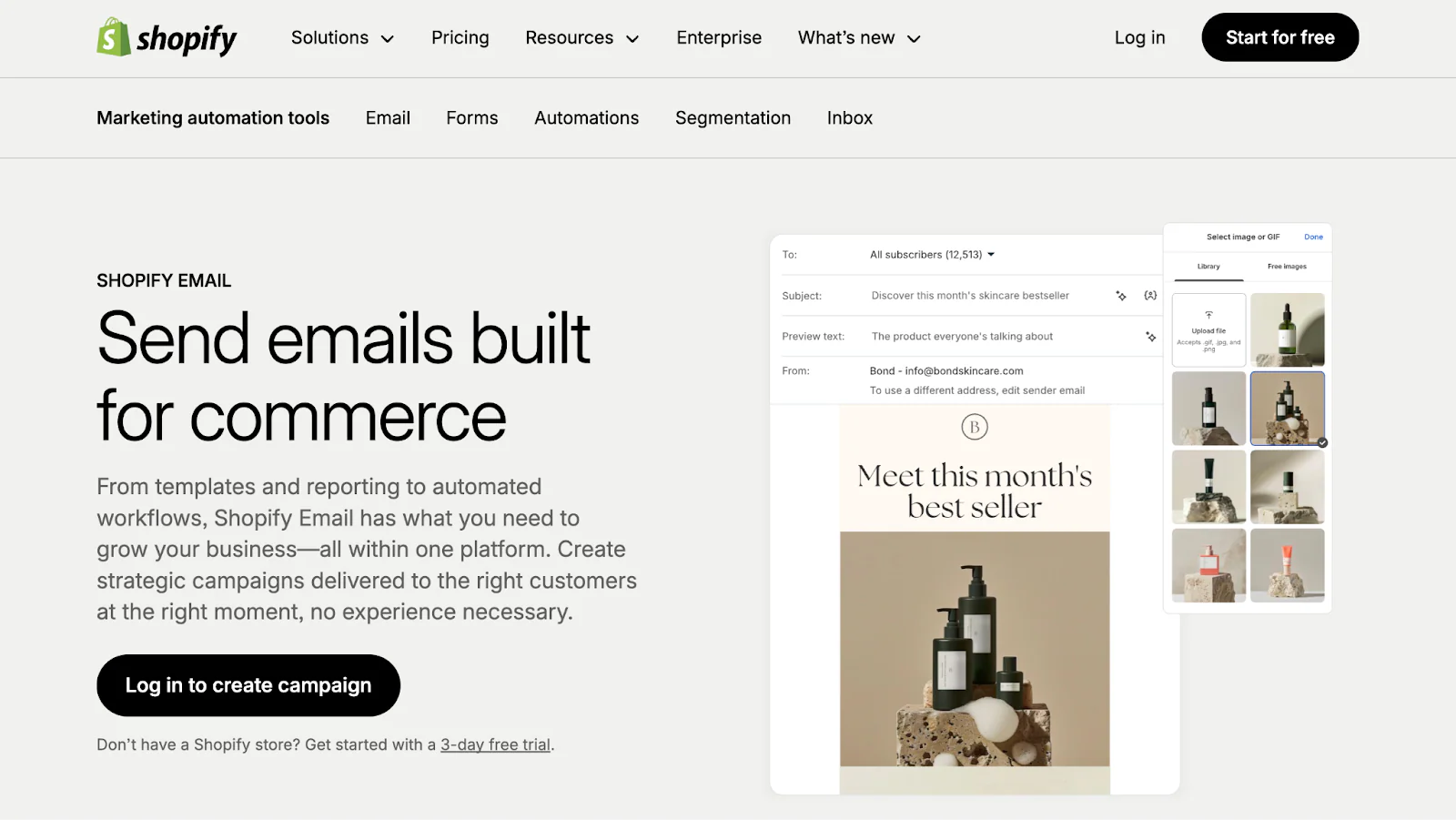 Shopify Messaging landing page with example email template.