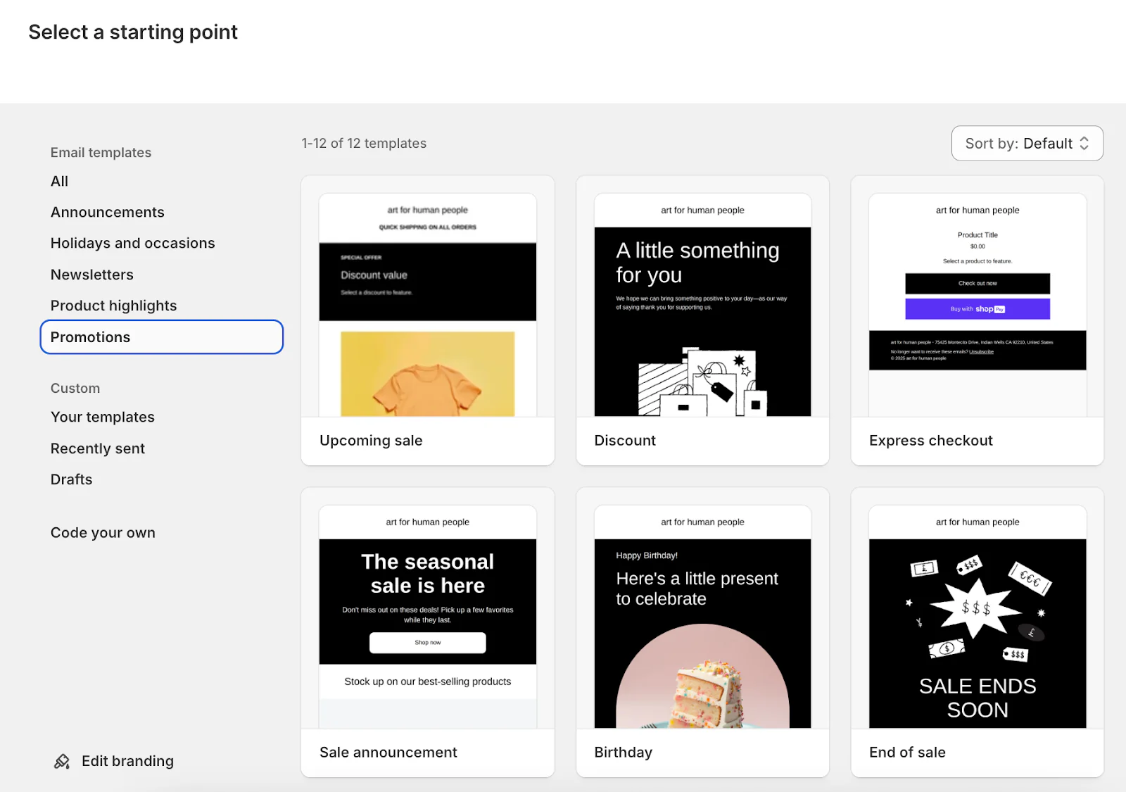 Promotional templates for upcoming sales, discounts, and express checkout emails on Shopify Messaging.