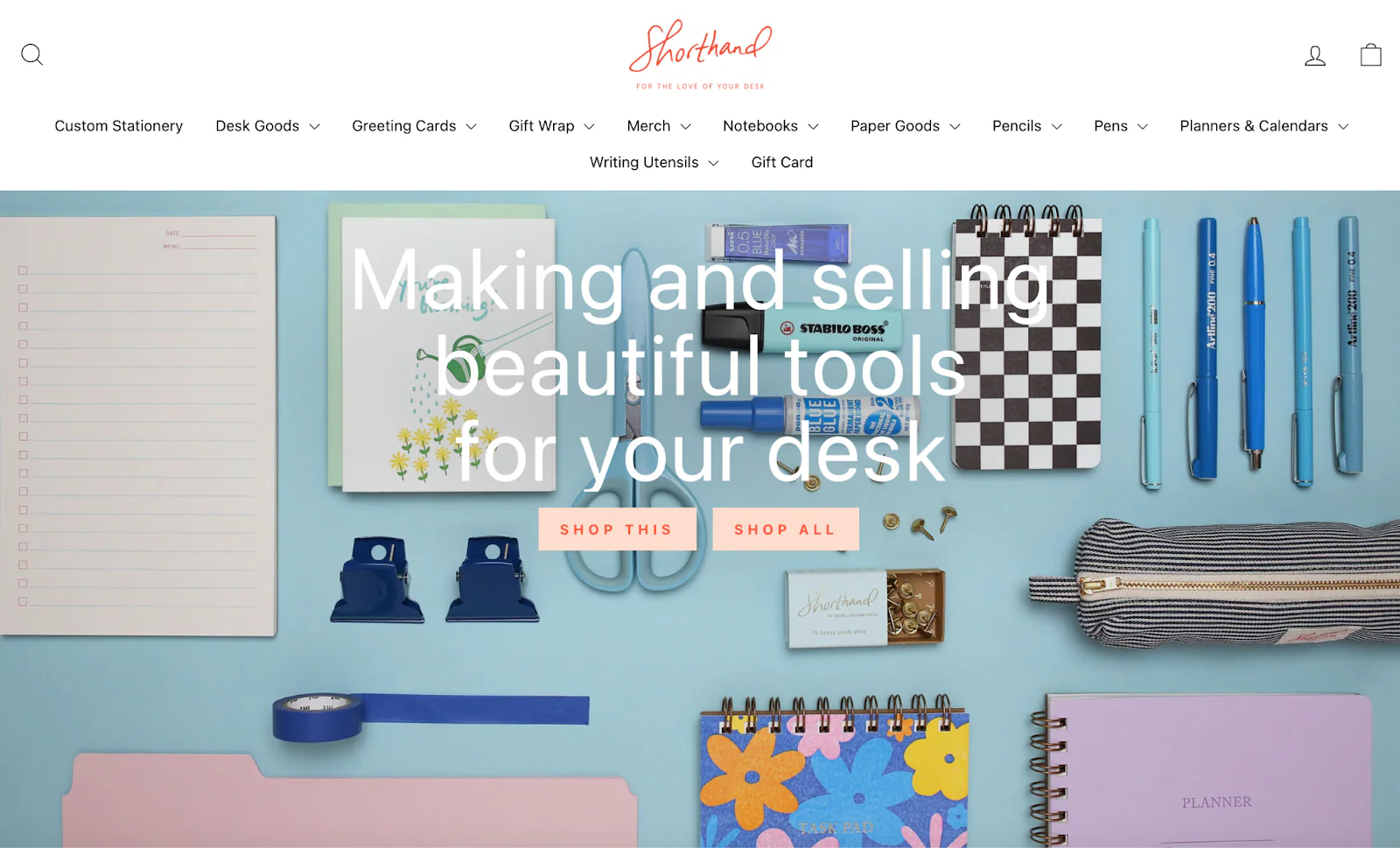 A webpage for stationery store Shorthand features an assortment of journals, tape, pens, and more.