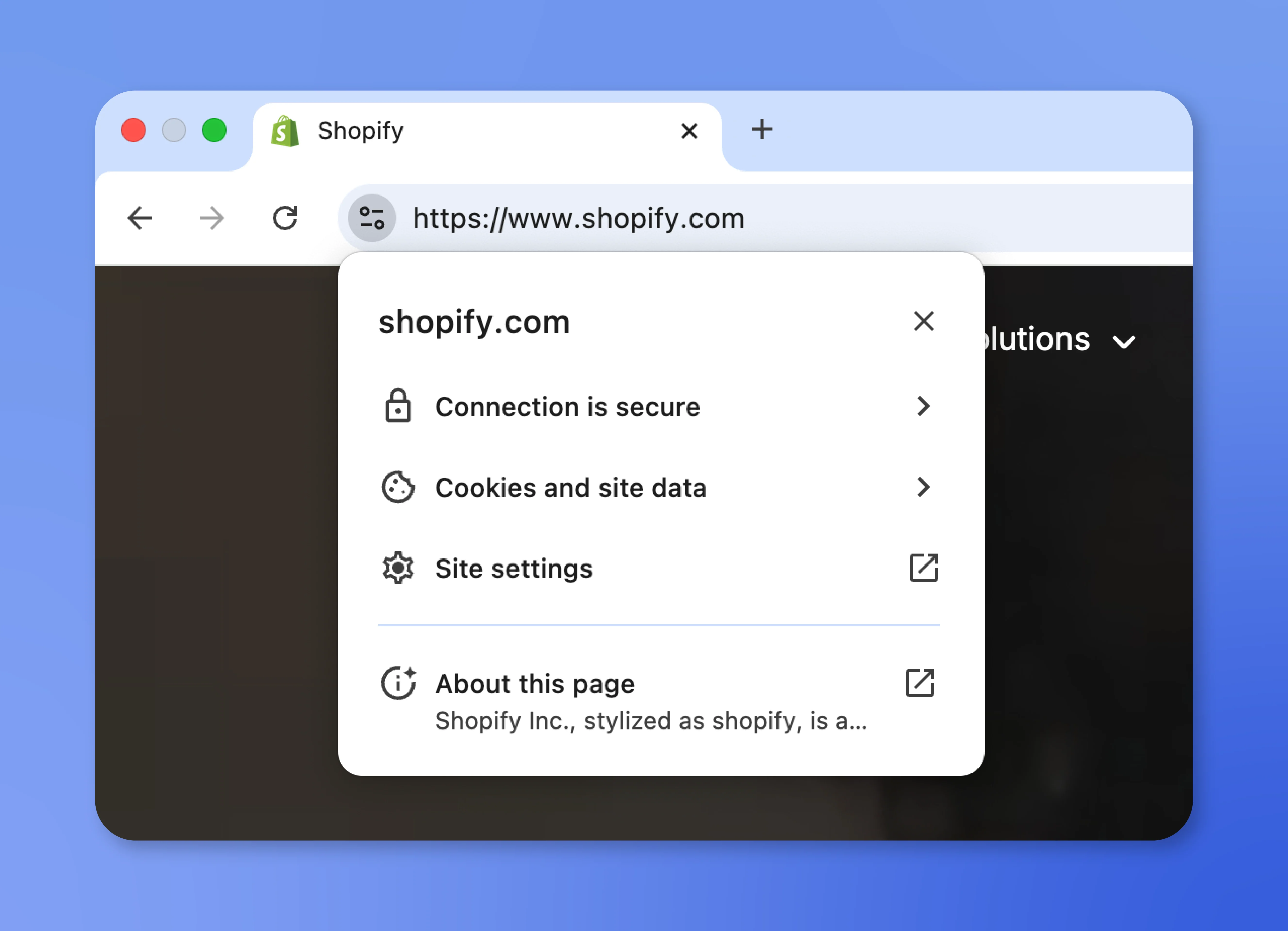 Screenshot of the Chrome URL bar on a Mac showing the dropdown with site security information.