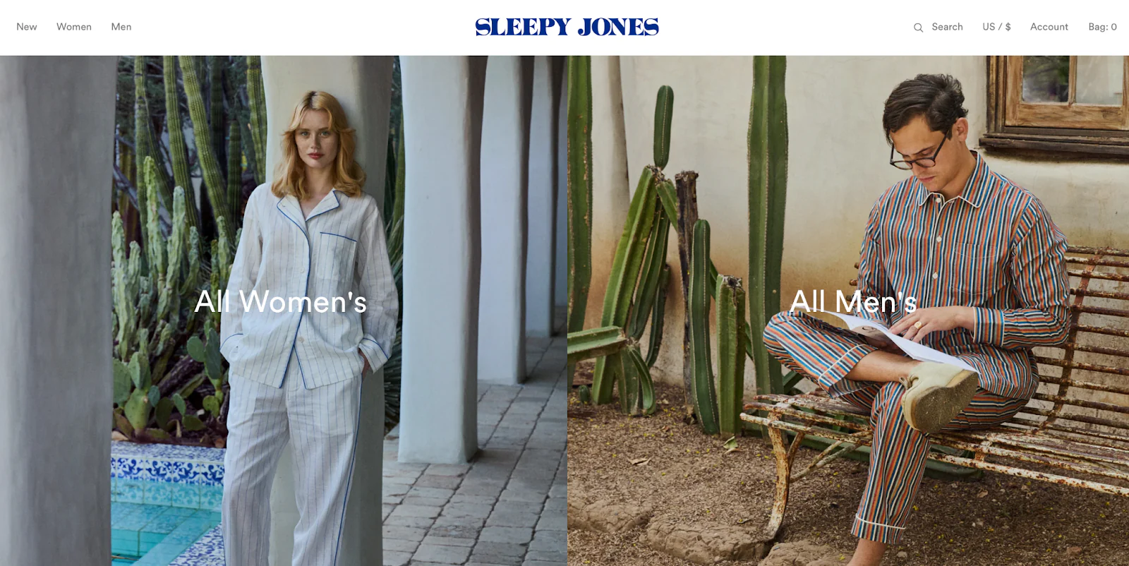 A landing page for pajama brand Sleepy Jones displays men’s and women’s matching sets.