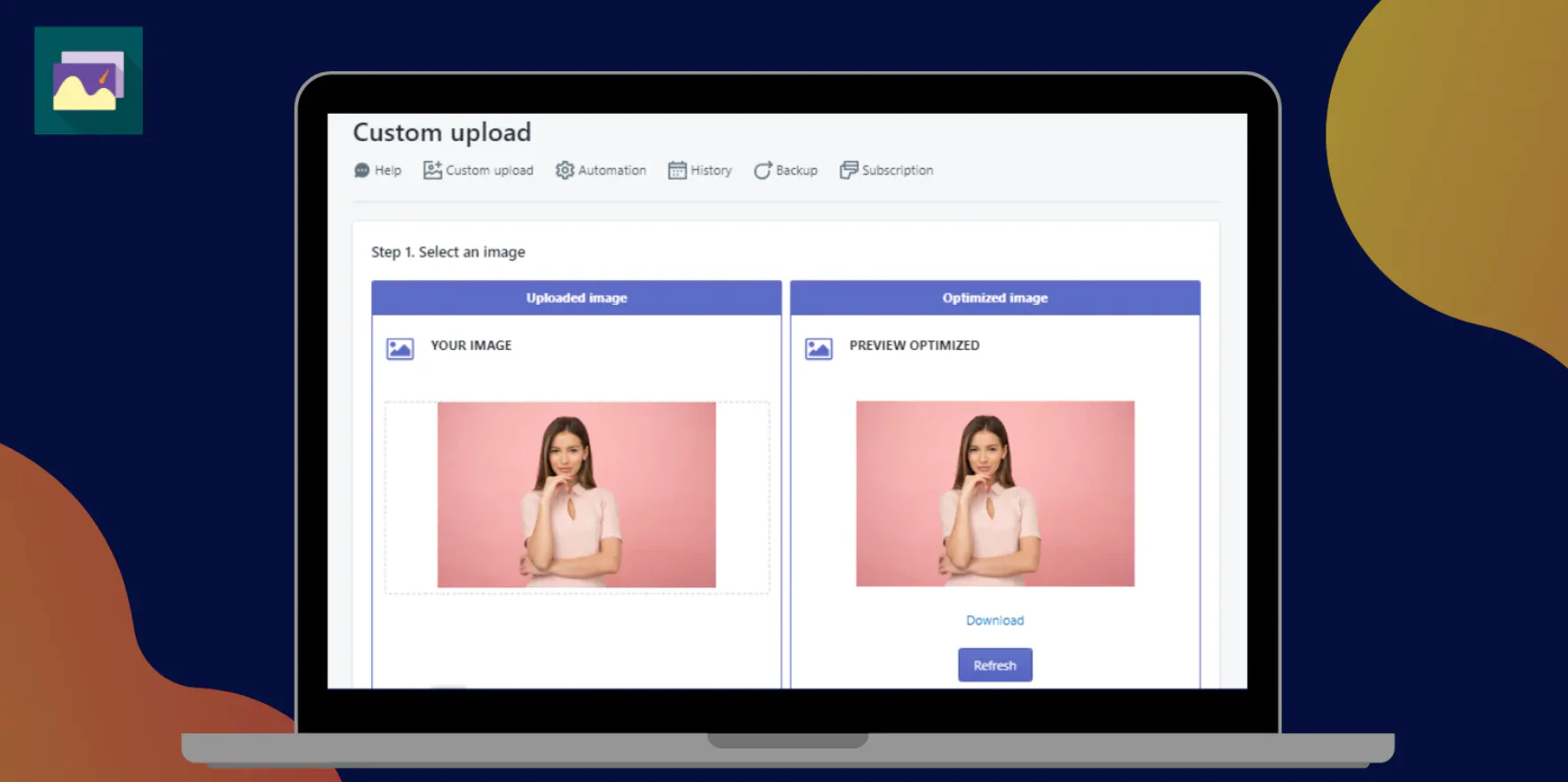 “Laptop displaying before and after image optimization preview on Squirai interface.