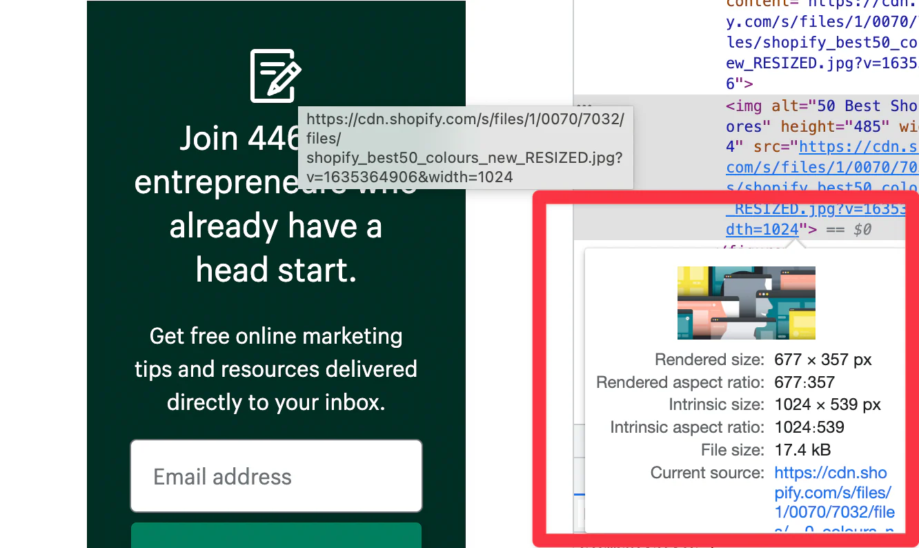 A browser's Inspect tab shows image information, such as aspect ratio and file size.