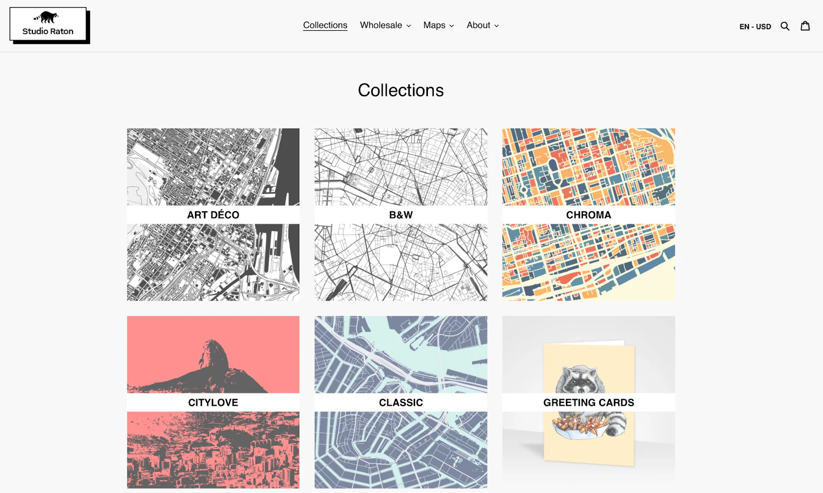 A webpage for graphic illustration brand Studio Raton features a selection of prints.
