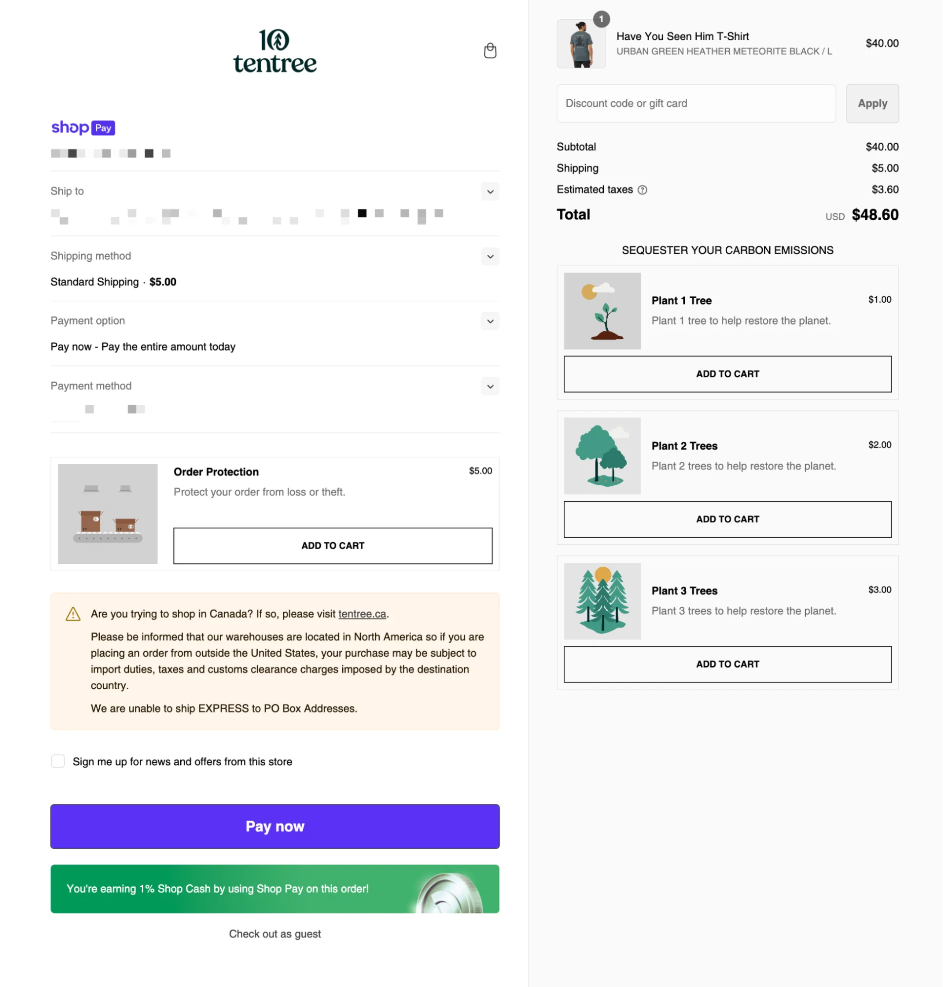 Tentree checkout with options to offset carbon emissions and order protection.