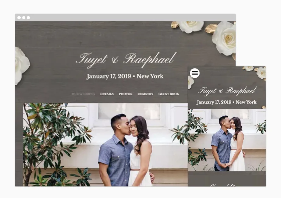 A wedding website sample on desktop and mobile