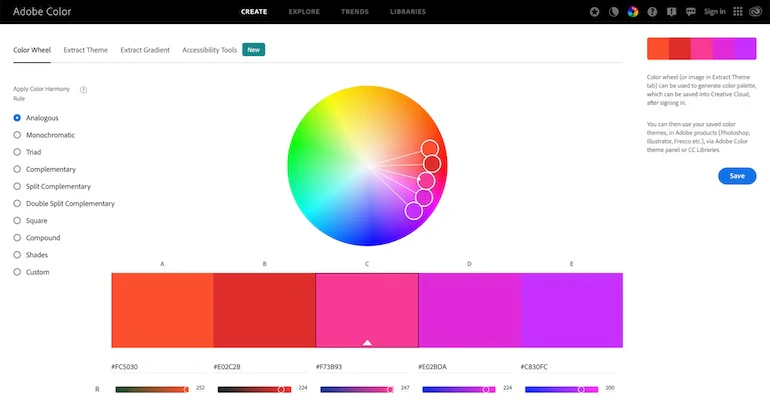 screenshot of the adobe color main page
