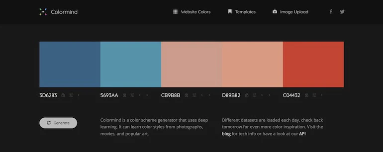 Screenshot of of the Colormind main page with a 5 color palette