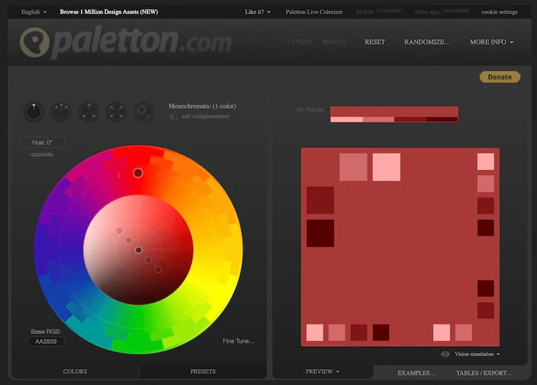 Screenshot of the Paletton mainpage with a color wheel and palette