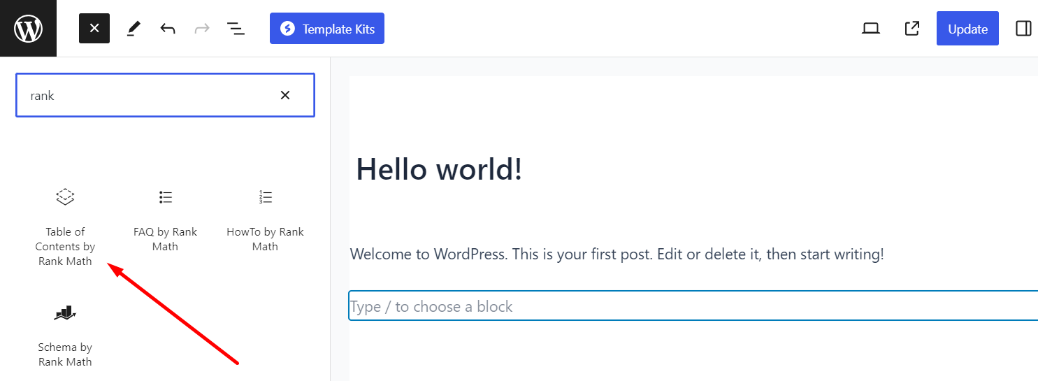 Table of contents block in Rank Math