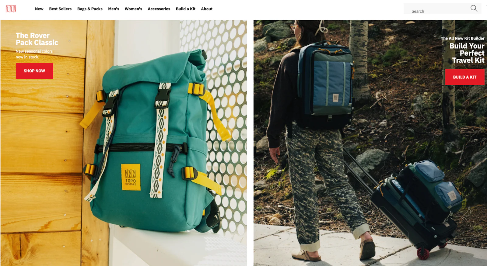 A webpage from Topo Designs features backpacks and luggage sets.