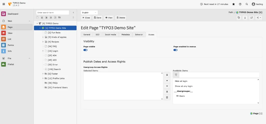 TYPO3 content access controls.