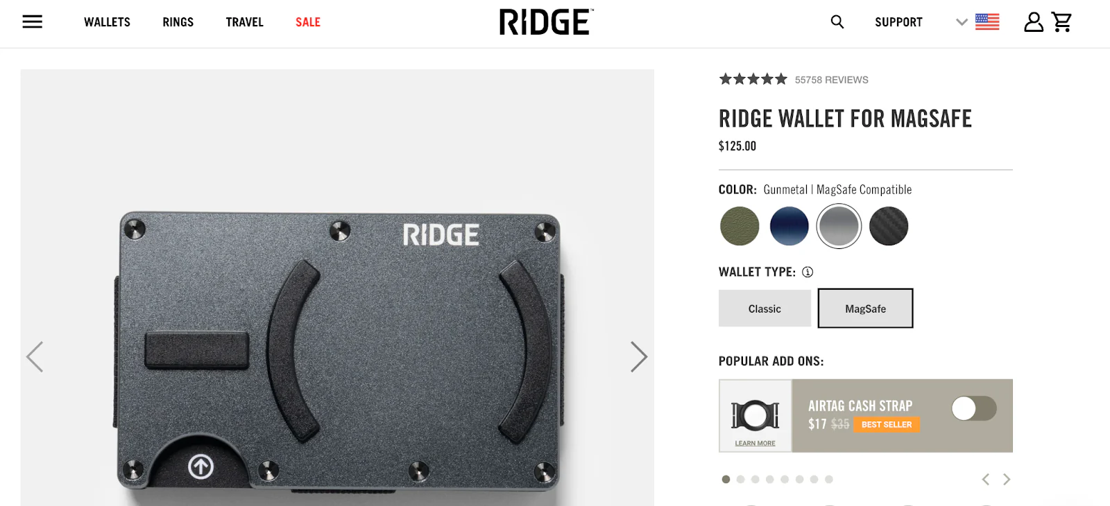 Ridge's product page allows shoppers to toggle between 