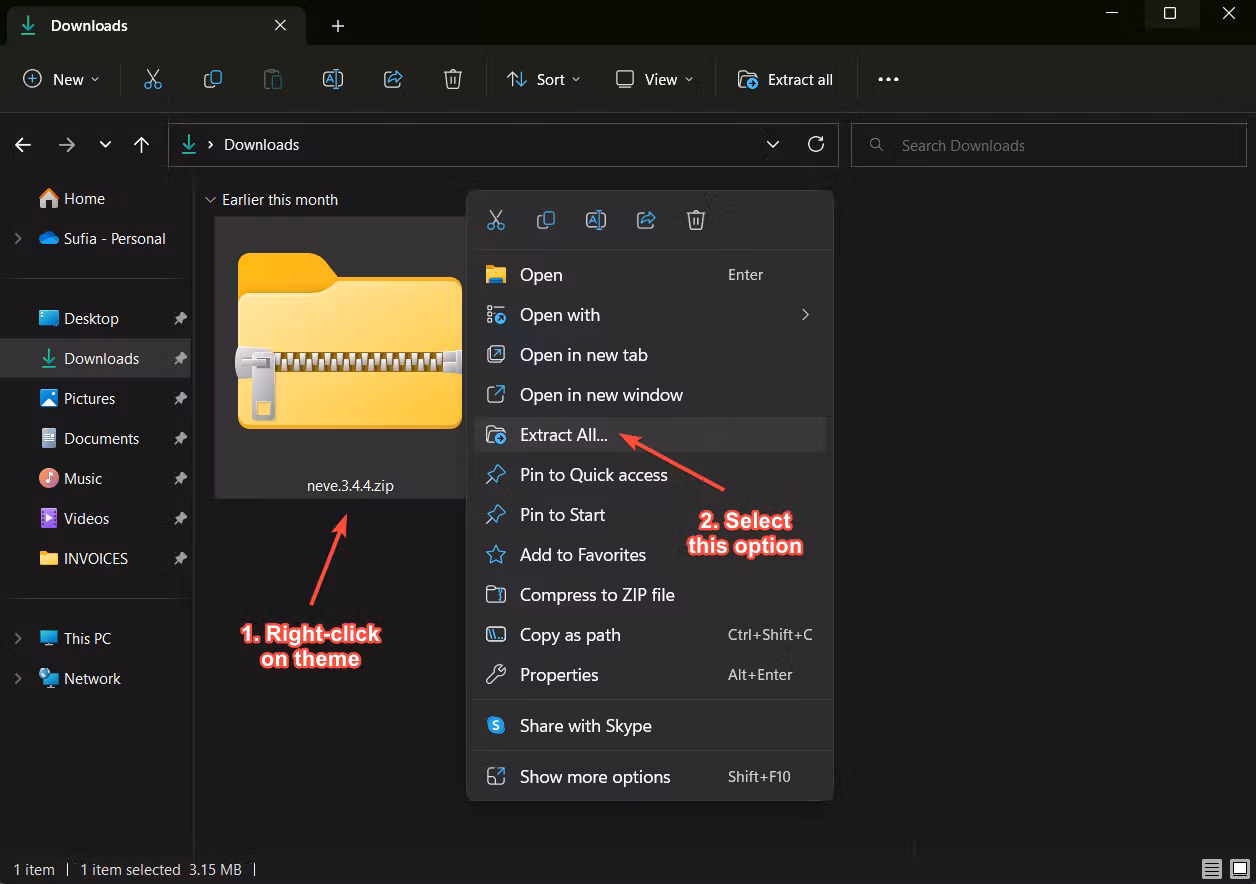 unzipping a wordpress theme folder