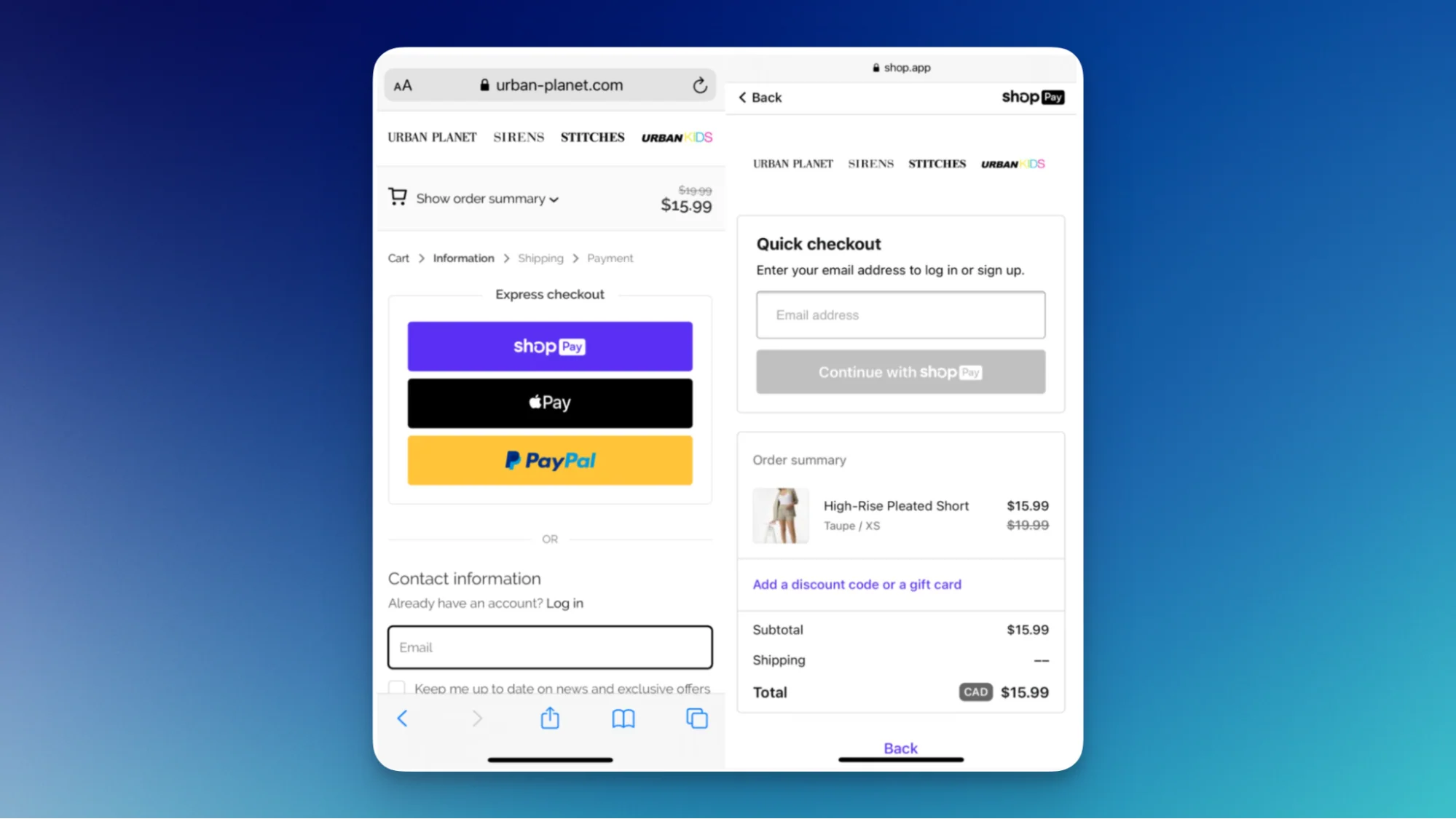 Screenshot of Urban Planet's one-click checkout