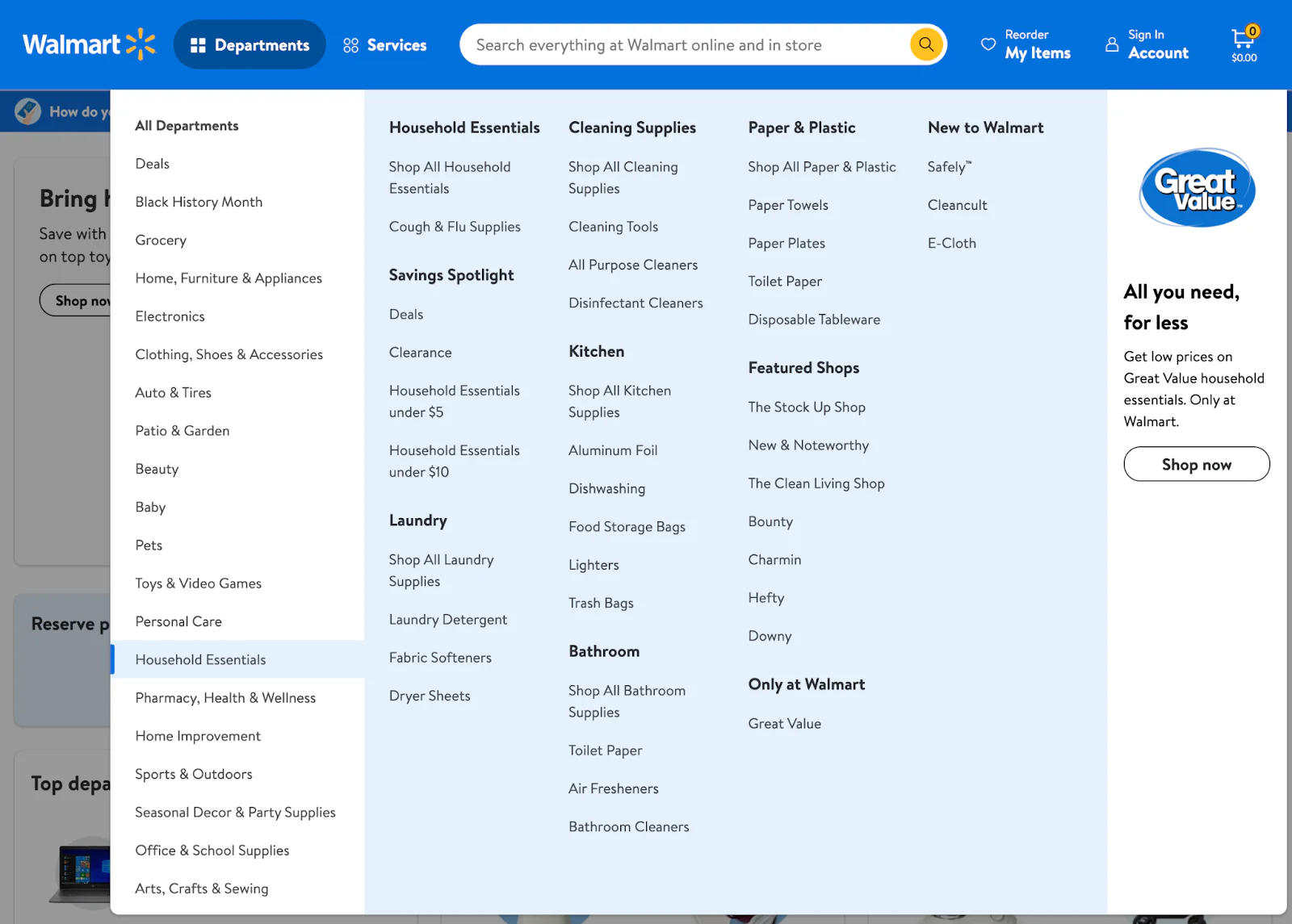 walmart mega navigation menu with department links