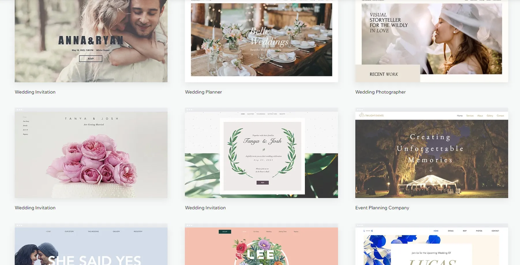 A selection of wedding website templates