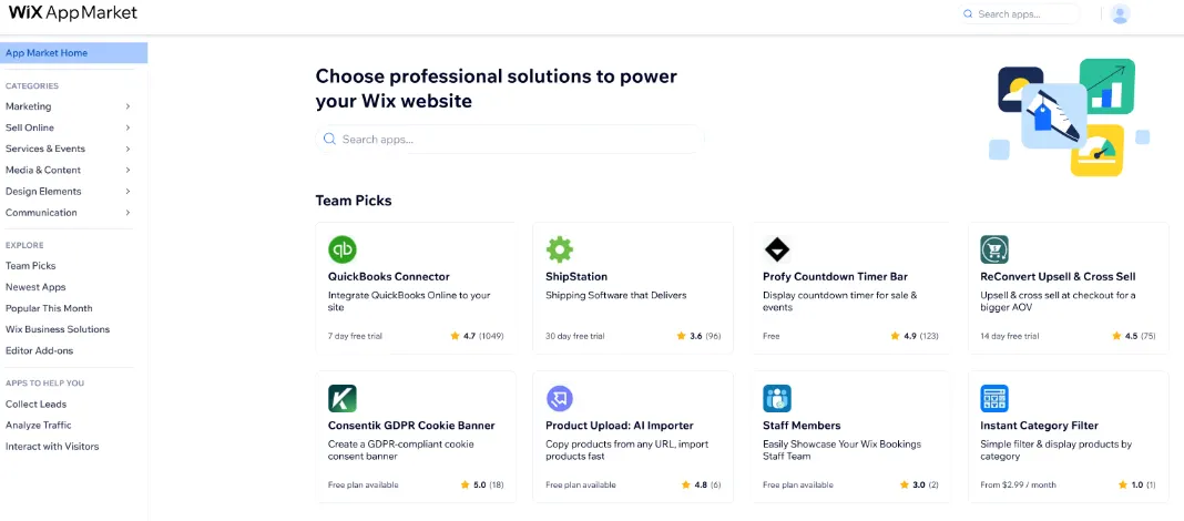 Screenshot showing Wix’s app market.