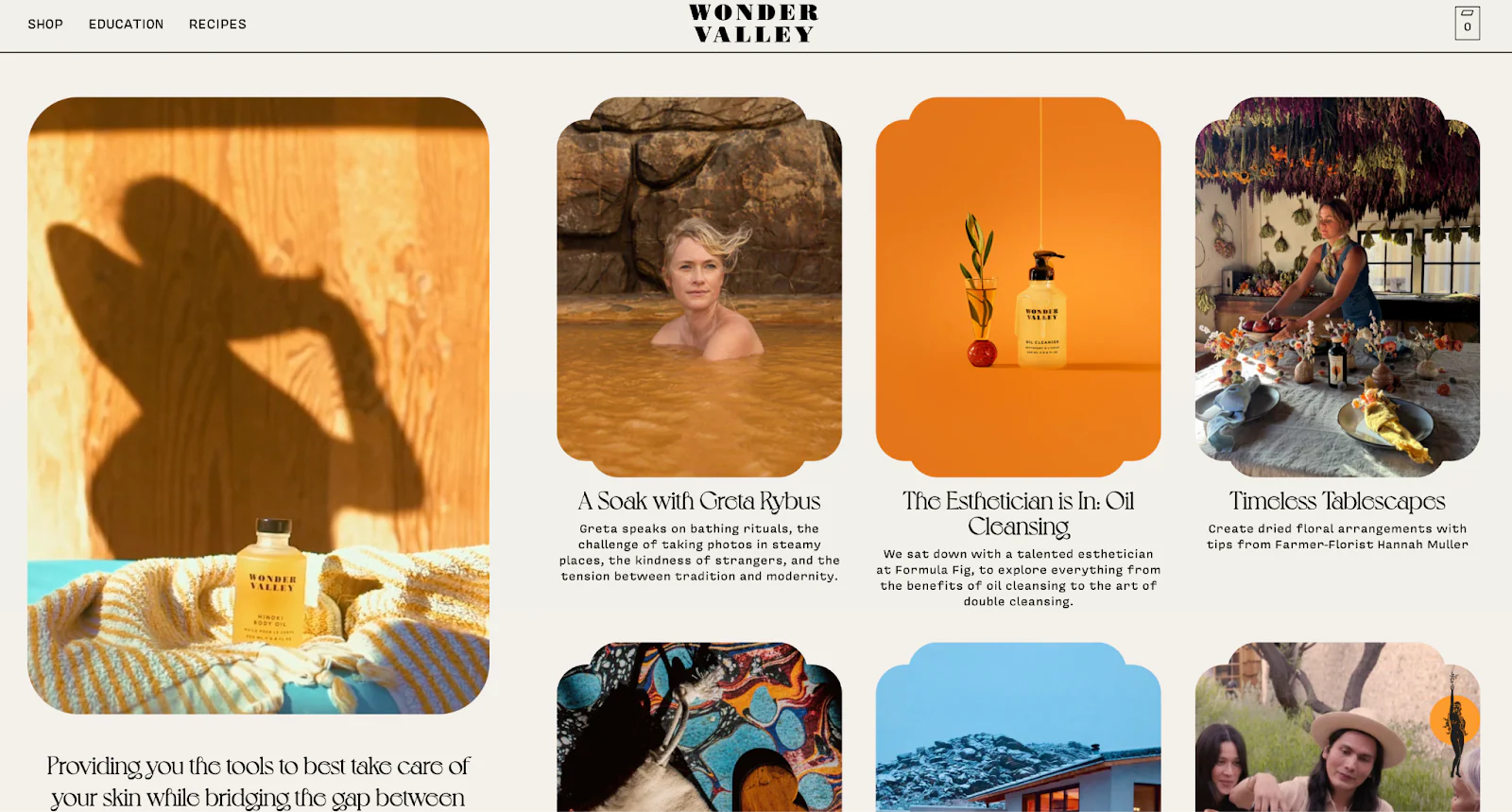 Wonder Valley blog with amber glowing photography in neatly framed post thumbnails.