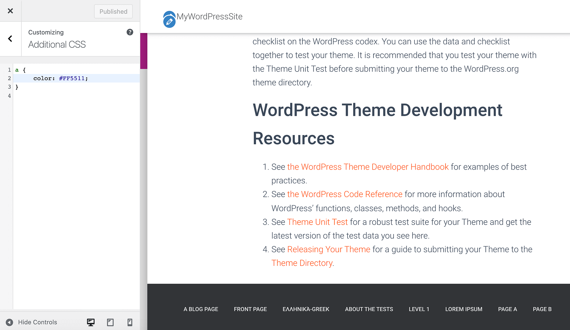 The Additional CSS settings.
