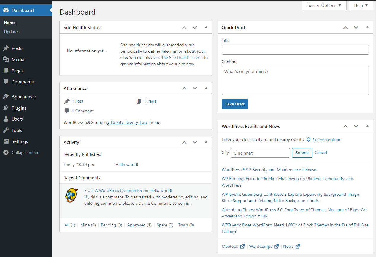 The WordPress admin dashboard has sections like Site Health Status, At A Glance which highlights recent updates or engagement, Activity, Quick Draft and WordPress events and news.