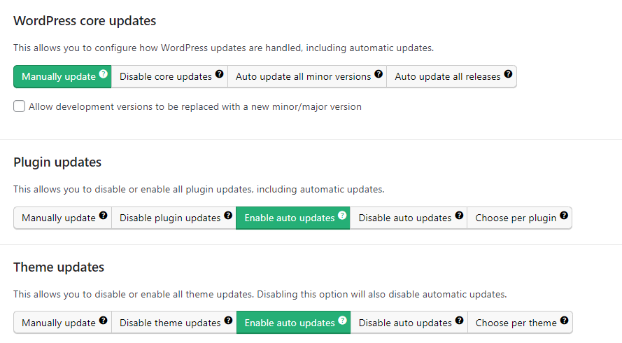 Selecting update settings in Easy Updates Manager.