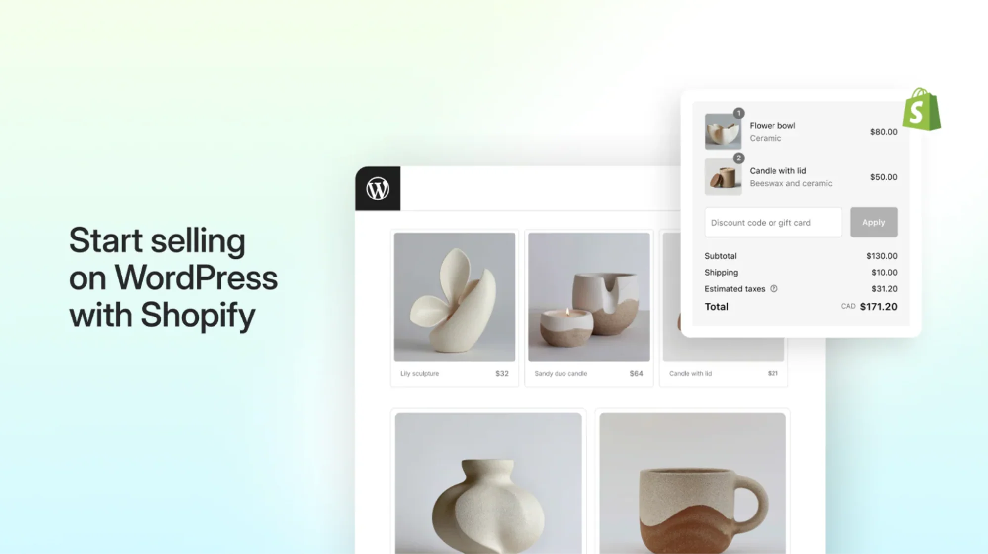 A WordPress product page showing ceramic items with a Shopify checkout window overlay.