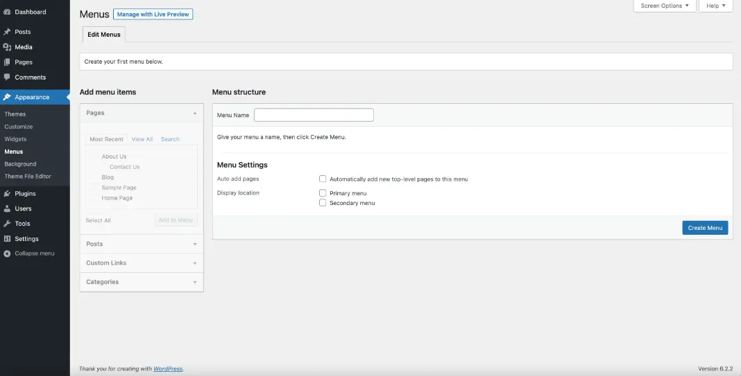 Screenshot of WordPress.org’s menu controls.