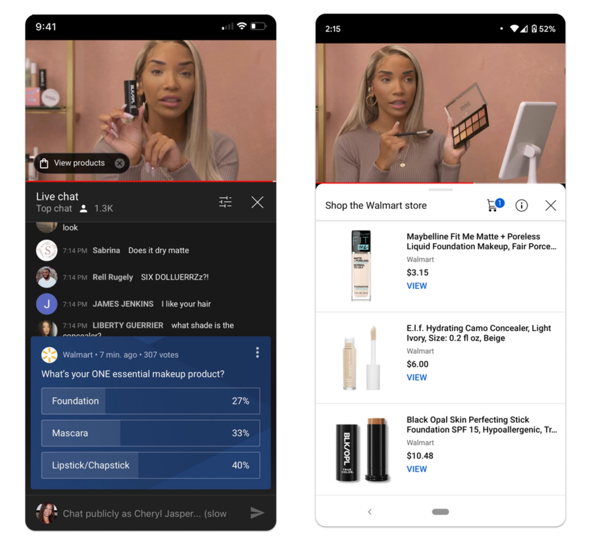 Two screenshots of a YouTube shopping experience in the YouTube app.